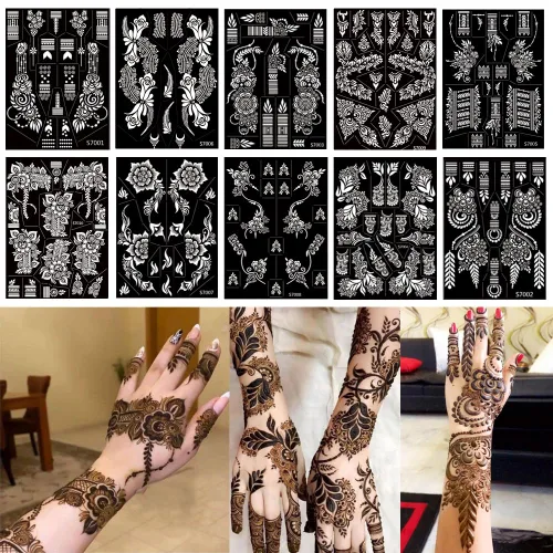 10 hojas de plantillas de tatuaje de henna 10 pares de plantillas de tatuaje temporal para brazo y mano Tatuajes indios árabes con purpurina Negro
