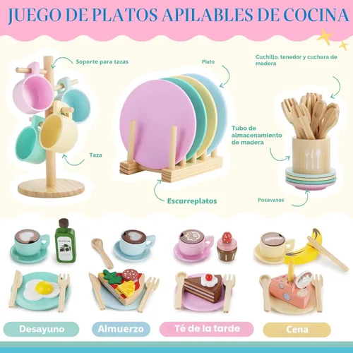 Miniatura 2 de GAGAKU Juego de Platos de Juguete de Madera para Niños - 27 Piezas Accesorios de Cocina de Juego Montessori Juego de Platos y Cuencos, Soporte