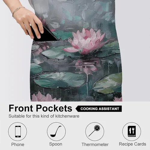 Miniatura 5 de MUSM Apron for Adults - 27.6 X 31.5 Inch, Heavy-Duty Polyester Aprons with Two Large Pockets, Waterproof Peach Water Lily Painting Kitchen Apron for