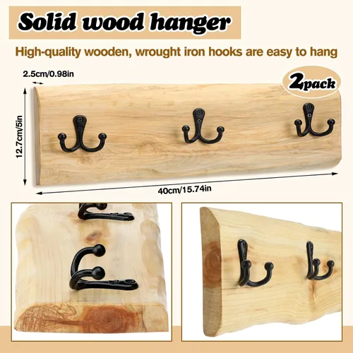Miniatura 4 de Threehoney 2 percheros de madera para montaje en pared, estilo granja de 15.8 pulgadas con 3 ganchos, colgador de pared resistente para colgar