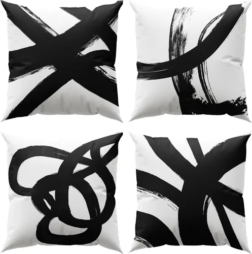 Miniatura 13 de Juego de 4 fundas de almohada abstractas de color negro y beige de 16 x 16 pulgadas, modernas fundas de cojín a rayas para sala de estar, sofá