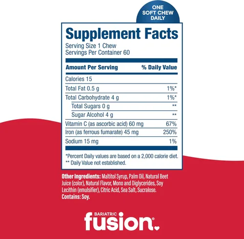 Miniatura 4 de Bariatric Fusion Suplemento de hierro bariátrico con sabor a fruta de cereza, masticable suave con vitamina C para pacientes bariátricos, incluyendo