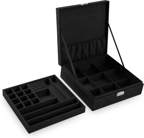 Miniatura 10 de Joyero de dos capas con tela con pelusas, organizador, caja exhibidora para almacenamiento con cerradura