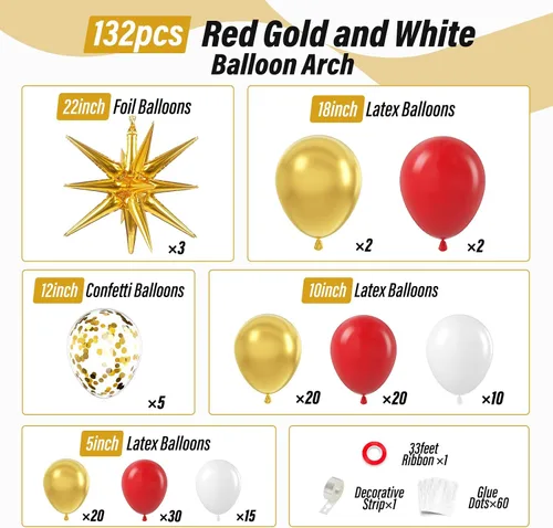 Miniatura 2 de Kit de arco de globos rojos y dorados, globos rojos y dorados con globos de aluminio de 22 pulgadas, globos de látex blanco con confeti dorado
