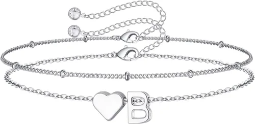 Miniatura 37 de M MOOHAM Pulseras de oro con inicial de corazón para mujer, pulseras con dije de letra A-Z de corazón dorado en capas para mujer, pulseras