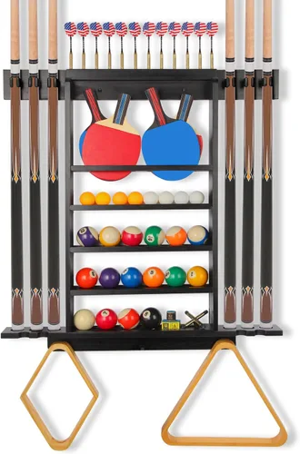 Soporte de pared para palo de piscina, soporte para tacos de piscina, soporte de paleta de ping pong, soporte de dardos 3 en 1, 100% madera maciza,