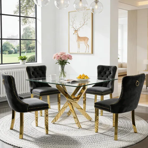 Miniatura 63 de Juego de 4 mesas de comedor de cristal para 4, juego de 4 mesas y sillas de cocina modernas, juego de mesa de comedor de cocina de 5 piezas con mesa