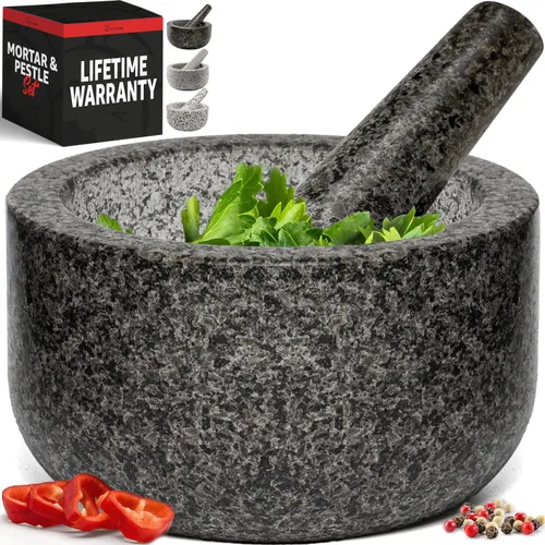 Priority Chef Juego de mortero y mortero de granito pesado de gran tamaño, 100% granito, base antideslizante, para hacer guacamole fresco, salsa,