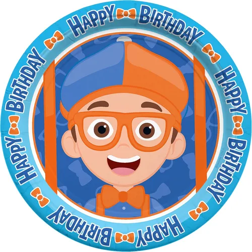 Treasures Gifted Platos de postre Blippi con licencia oficial de 16 unidades – Platos de fiesta Blippi de 7 pulgadas – Suministros de fiesta de