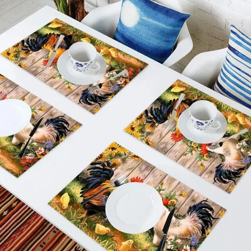 Miniatura 7 de Juego de 4 manteles individuales de gallo para gallina y pollos de PVC, antideslizantes, resistentes al calor, lavables, para el hogar, cocina
