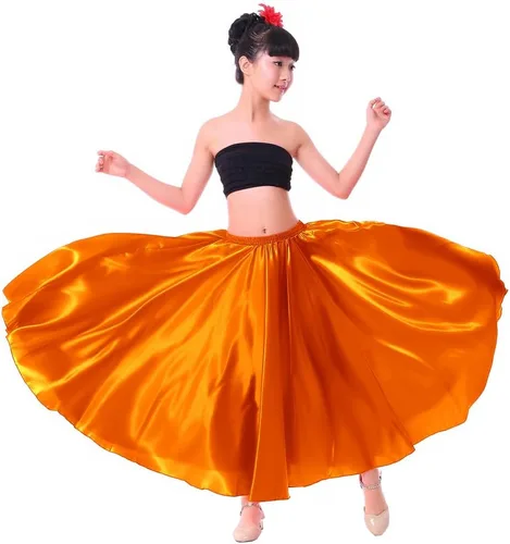 Falda larga de satén para niñas para danza del vientre, actuación mexicana folklórica, sesión de fotos
