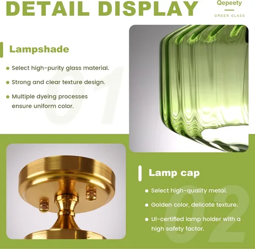 Miniatura 6 de Lámpara de Techo Verde Semiempotrada Vintage de Latón Antiguo Luz Empotrada Superior de Cristal Dorado Candelabro para Casa de Campo Armario Entrada