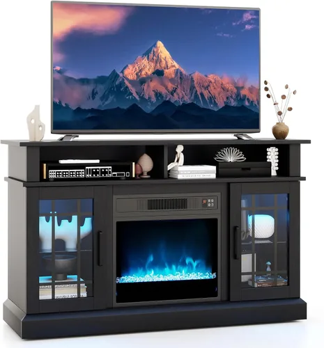 Miniatura 12 de Tangkula - Soporte de TV de esquina con chimenea y luces LED y control inteligente por APP para TV de 50 pulgadas, centro de entretenimiento con Gris