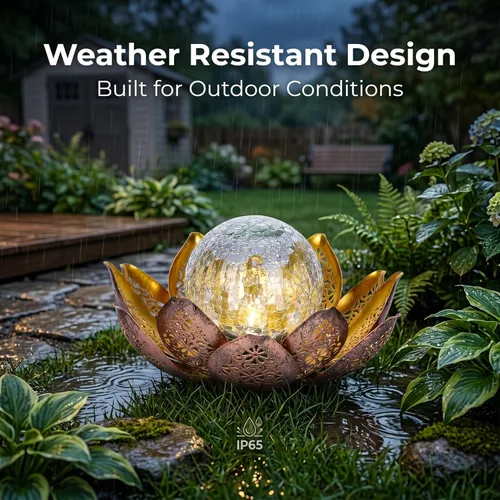 Miniatura 5 de DUSVALLY Luz solar de jardín flor de loto con globo de cristal agrietado, lámpara decorativa de metal para exteriores, luz LED impermeable