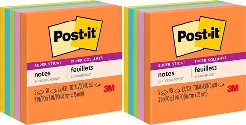 Post-it Notas súper adhesivas, 3 x 3 pulgadas, 5 blocs, 2 veces más poder de adherencia, colección Energy Boost, colores brillantes, reciclables