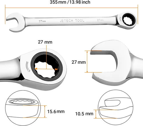 Miniatura 2 de Jetech Llave Combinada de Trinquete de 27mm, Llave de Engranaje de Grado Industrial con Trinquete de 12 Puntos y 72 Dientes, Acero Forjado y Tratado