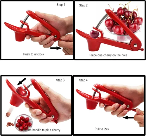 Miniatura 4 de Cherry Pitter, herramienta de acero inoxidable resistente para descorazonadores de aceitunas y cerezas con diseño de bloqueo que ahorra espacio, Rojo
