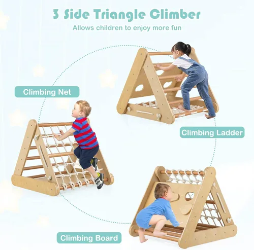 Miniatura 3 de HONEY JOY Escalador triangular 4 en 1 con rampa, escalera triangular de 3 lados para niños con cuerda de red y barras, juguetes de escalada Natural