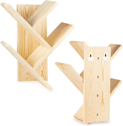 Miniatura 3 de Estantería de árbol, organizador de libros naturales de 3 niveles montado en la pared, estante de madera de pino macizo para dormitorio