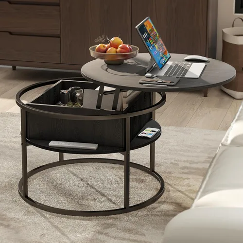 Miniatura 6 de HOJINLINERO Mesa de centro redonda elevable, con compartimento oculto de almacenamiento, decoración de mesa de centro de madera de granja