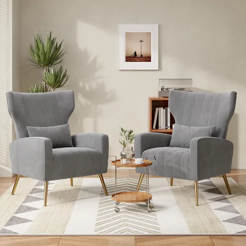 Miniatura 28 de Nebuaegis Silla decorativa de terciopelo con respaldo alado para sala de estar, sillón de respaldo alto con patas doradas, almohada lumbar, sofá