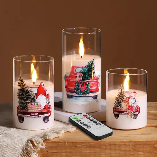 Miniatura 14 de Eywamage Juego de 3 velas LED de cristal verde, con forma de columna gruesa, funcionan con pilas, con control remoto, sin llama, parpadeantes