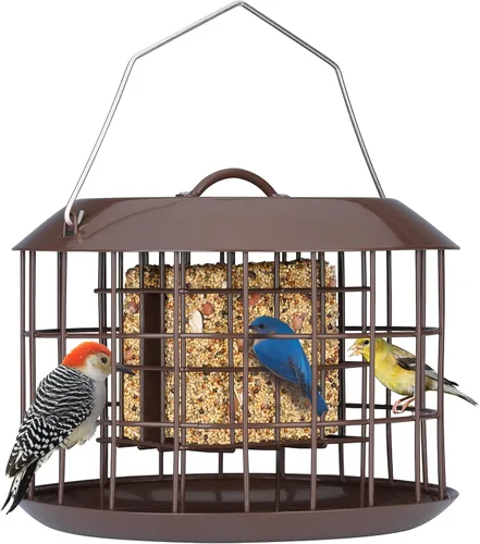 Miniatura 10 de Kingsyard Comedero de sebo a prueba de ardillas, comedero para pájaros en jaula para colgar al aire libre, todo de metal, capacidad de doble sebo