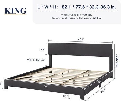 Miniatura 2 de Allewie - Base de cama tamaño King con cabecera ajustable, plataforma de cama de piel sintética con listones de madera, base de colchón resistente