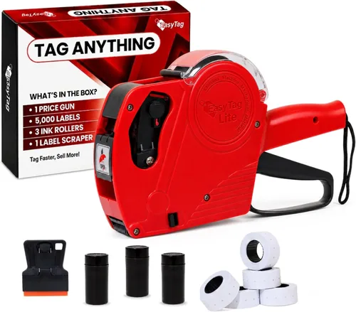 Easy Tag Lite Price Gun, pistola de precios 5500EOS de 8 dígitos con 5,000 calcomanías de etiqueta blanca, 3 rodillos de tinta, 1 raspador, pistolas