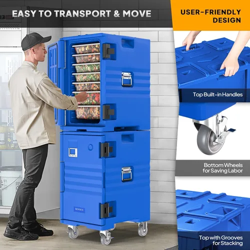 Miniatura 5 de ROVSUN Caja Calentadora de Alimentos, Porta Comida Aislada con Ruedas Bloqueables Dobles Hebilla y Asas, Cajas Calientes Apilables para Restaurante