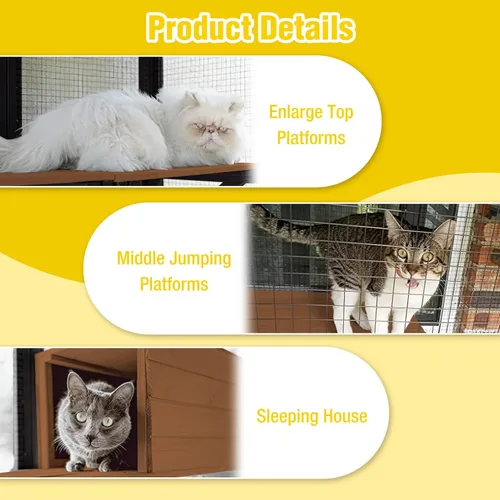 Miniatura 6 de Catio grande de madera para gatos de 70.1 pulgadas, casa para gatos de varios niveles con plataformas, hamaca y poste rascador, panel trasero