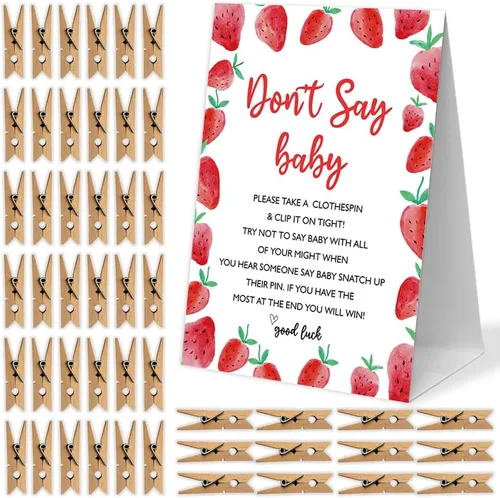Juego de pinzas para ropa de bebé, 1 letrero y 50 mini pinzas para la ropa, decoraciones de baby shower de fresa, juegos de baby shower, juegos de