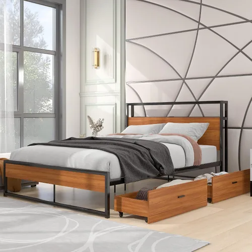 Miniatura 11 de VilroCaz Cama de plataforma de tamaño matrimonial con enchufes y puertos USB, marco de cama de plataforma de metal moderno con cajones, soporte