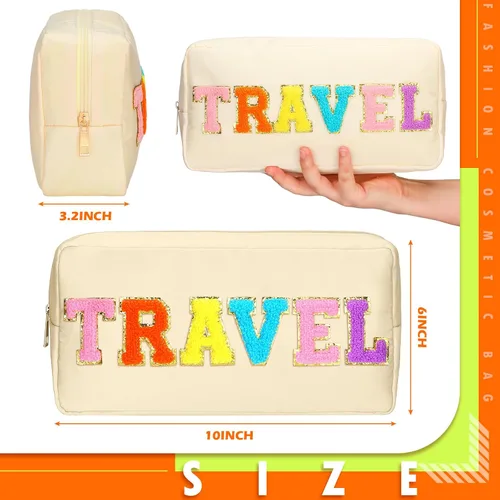 Miniatura 2 de Pinkunn 4 bolsas de maquillaje de chenilla con parche de letras de chenilla, bolsa de cosméticos para viajes de verano, playa, sol, bolsa
