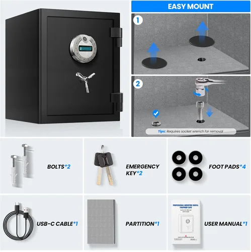 Miniatura 8 de Caja Fuerte Biométrica Ignífuga de Servicio Pesado de 4.5 Pies Cúbicos para el Hogar – Acceso por Huella Dactilar, Acero Reforzado, Pernos