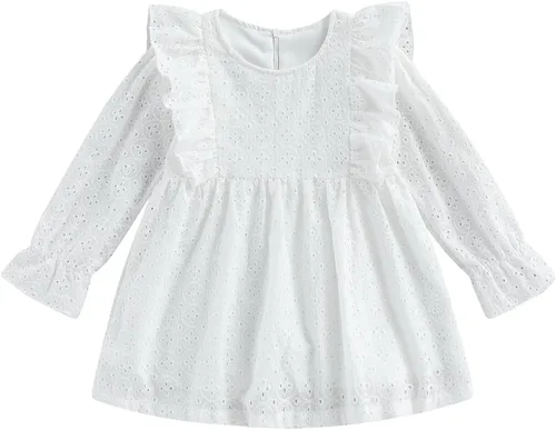 Vestido de encaje de manga corta para niñas recién nacidas, color sólido, ahuecado, volantes, decoración dulce casual, blanco