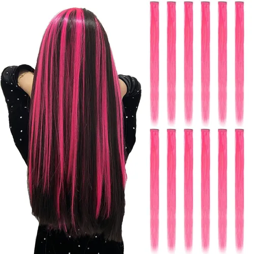 12 piezas de extensiones de cabello de color rosa intenso - Lisas multicolor con clip - 20 pulgadas arcoíris - Regalos para niños/mujeres - Fiestas