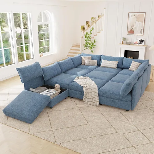 Miniatura 33 de 95.5" Sofá seccional modular de chenilla con almacenamiento oculto, sofá cama convertible en forma de L y U, sofá seccional moderno de 6 plazas