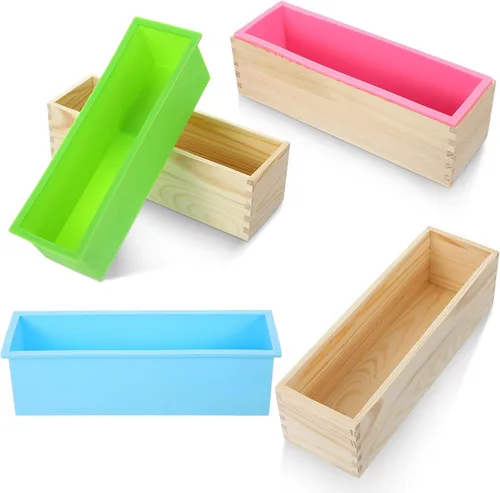 3 moldes para hacer jabón con bandeja de caja de madera, moldes rectangulares flexibles de silicona para jabón para manualidades caseras (azul,
