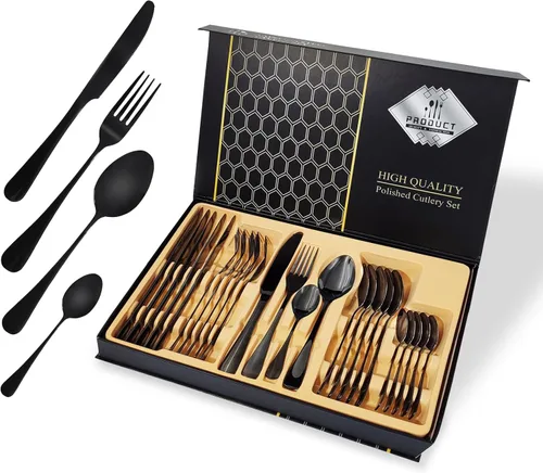 Miniatura 10 de Juego de cubiertos dorados de acero inoxidable para 6 personas, juego de cubiertos de cocina, utensilios de regalo, cuchillo, tenedor, cuchara