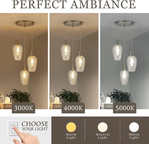 Miniatura 5 de Lámpara colgante de 3 luces, moderna lámpara de araña de níquel cepillado para comedor sobre mesa con vidrio martillado, luces colgantes de racimo