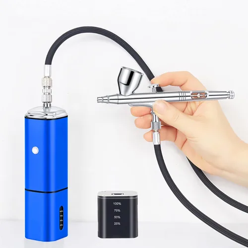 Miniatura 5 de Kit de aerógrafo inalámbrico de parada automática con kit de compresor, pistola de cepillo de aire recargable de doble acción, conecta con Azul