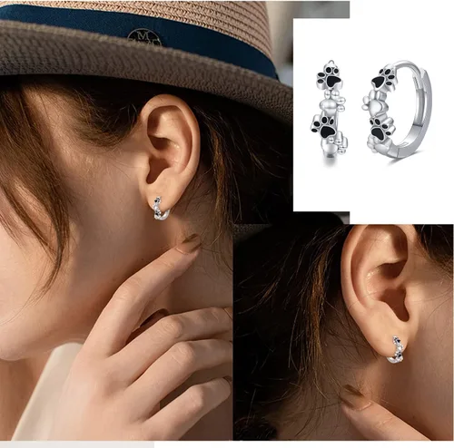 Miniatura 6 de Aretes de perro para mujer, aretes de aro pequeños de plata de ley con estampado de patas, aretes de aro para cachorros, aretes de pata de gato