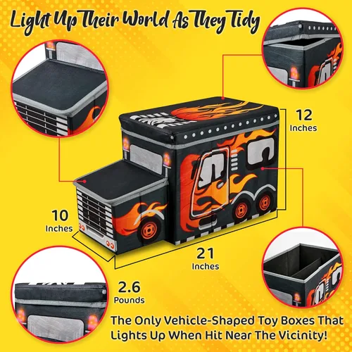 Miniatura 6 de KAP Caja de juguetes para niños, tamaño junior, baúl de juguete interactivo con luz LED, contenedor de almacenamiento decorativo para camiones