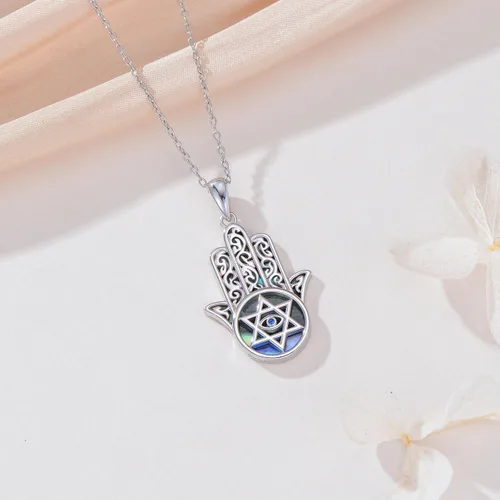 Miniatura 35 de PROESS Collar de plata de ley Hamsa Fátima collar de elefante, colgante de ojo azul, joyería para hombres, mujeres, niñas y niños