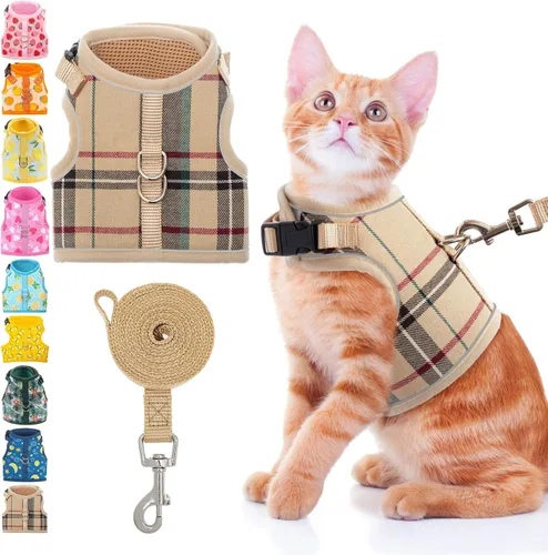 Miniatura 17 de BINGPET Arnés para gatos con correa y collar para caminar, a prueba de escapes, con correa de 59 pulgadas, arnés de chaleco suave ajustable