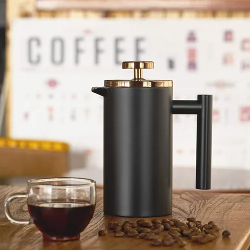 Miniatura 4 de Cafetera pequeña de prensa francesa de 20.3 fl oz, prensa francesa con aislamiento de doble pared negra de acero inoxidable para viajes y Negro