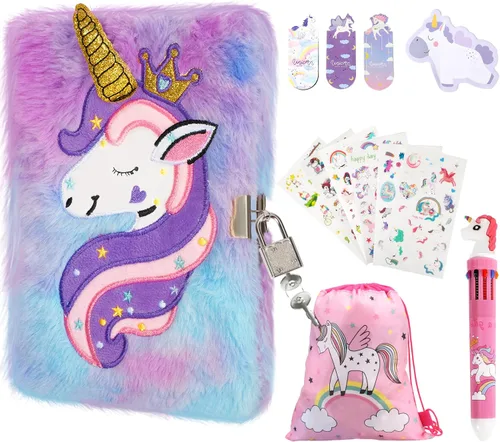 Miniatura 9 de homicozy Diario de unicornio para niños con cerradura y llave, diario difuso de teñido anudado para niñas de 6 años en adelante, cuaderno de tapa