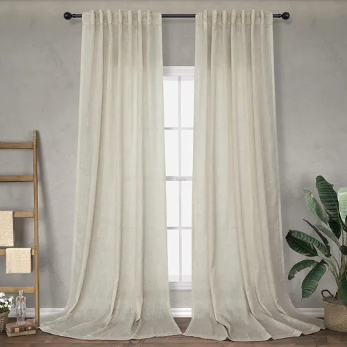 Cortinas Largas de Lino de Lino 108 Pulgadas de Longitud para Sala de Estar 2 Paneles Bolsillo de Pestaña Trasera Cortinas Grandes para Ventana Saco