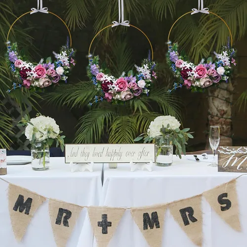 Miniatura 7 de 15 piezas de 12 pulgadas de metal con corona de aro floral para decoración de mesa con 15 soportes para tarjetas de lugar, anillos de aro dorados